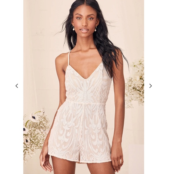 Lulus Pants - Lulu's Catch a Spark White and Beige Sequin Romper